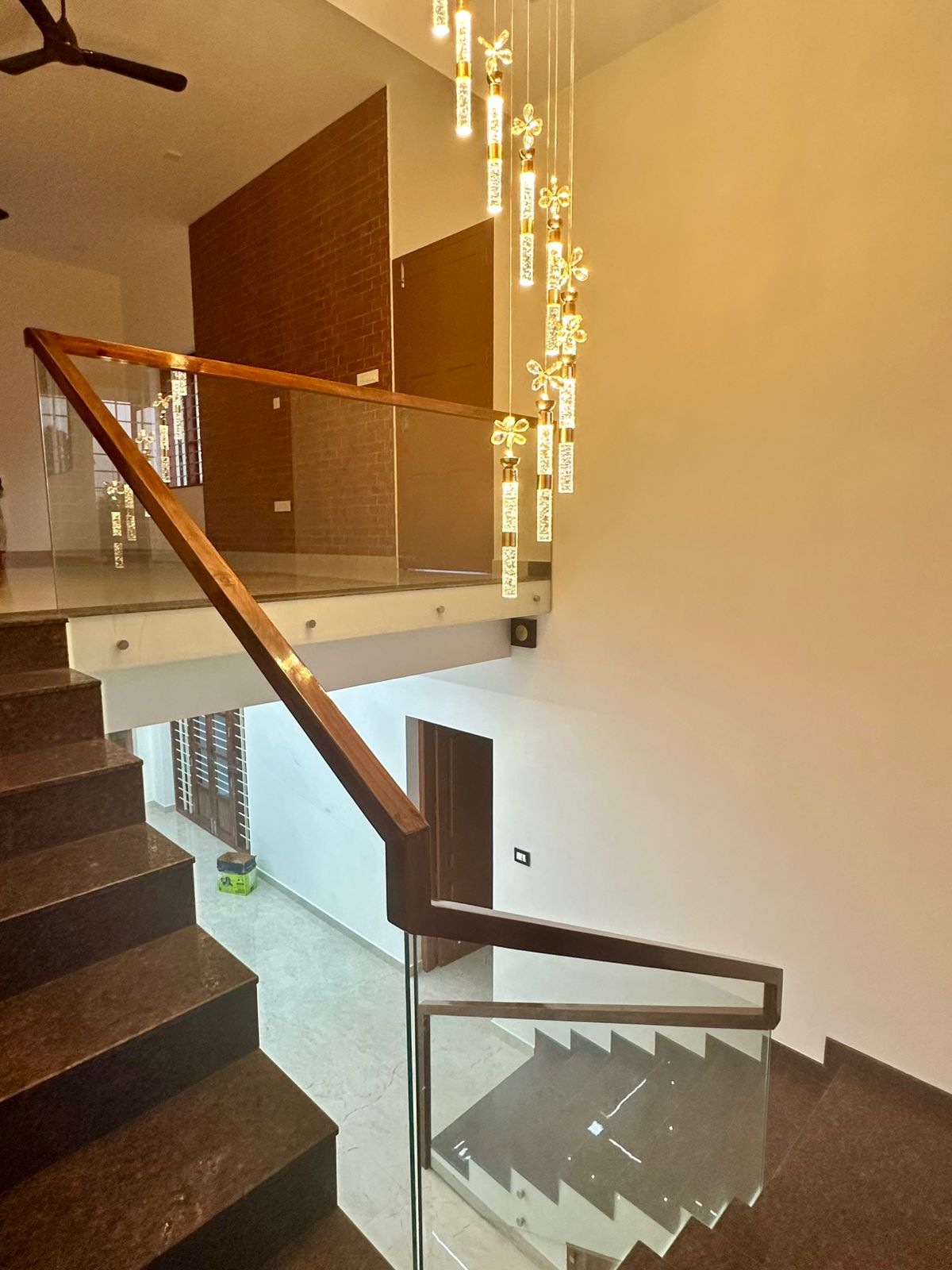 Staircase with glass and wood